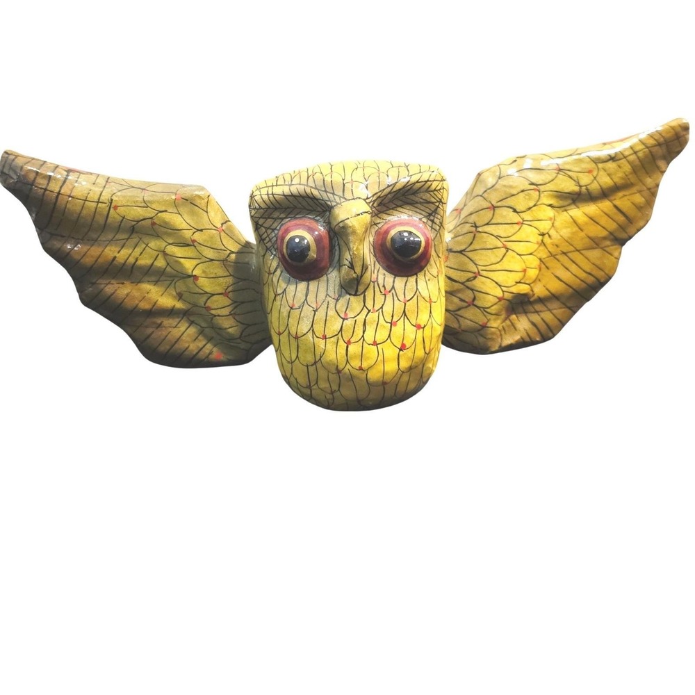 Vintage 70s Mexican Paper Mache Owl Sculpture Signed Hand Painted Folk Art Decor